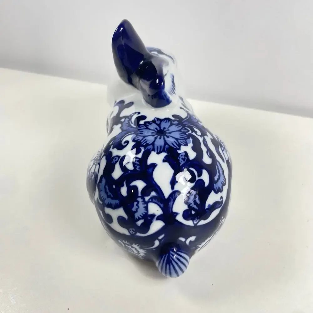 Handmade Cobalt Blue and White Porcelain Floral MMC Classical Bunny Rabbit 7x4.5